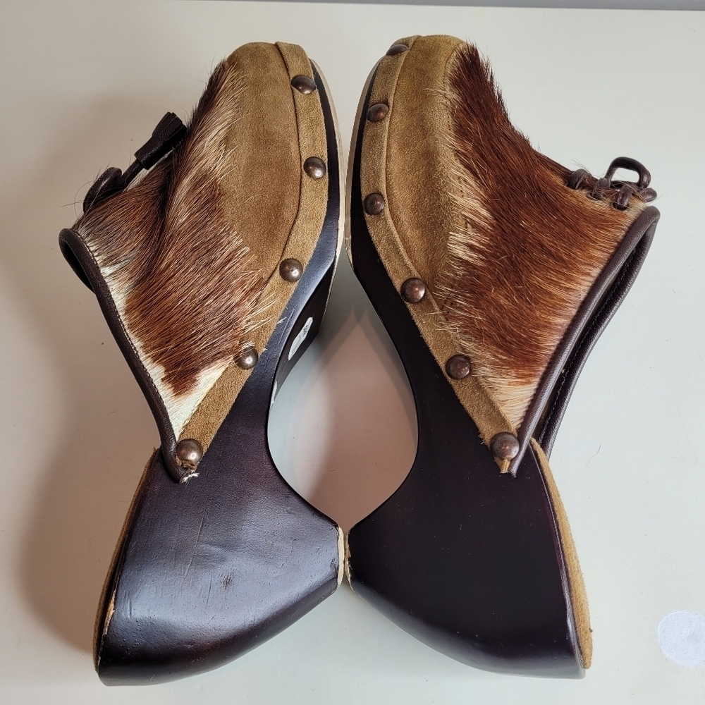 Mystique Calf Hair Leather Wooden Clogs Size Women's 7 - Picture 7 of 13